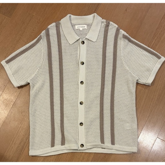 Lucky Brand Sweaters - Lucky Brand Striped Crochet Cardigan Sweater Collared Button Short Sleeve Beach